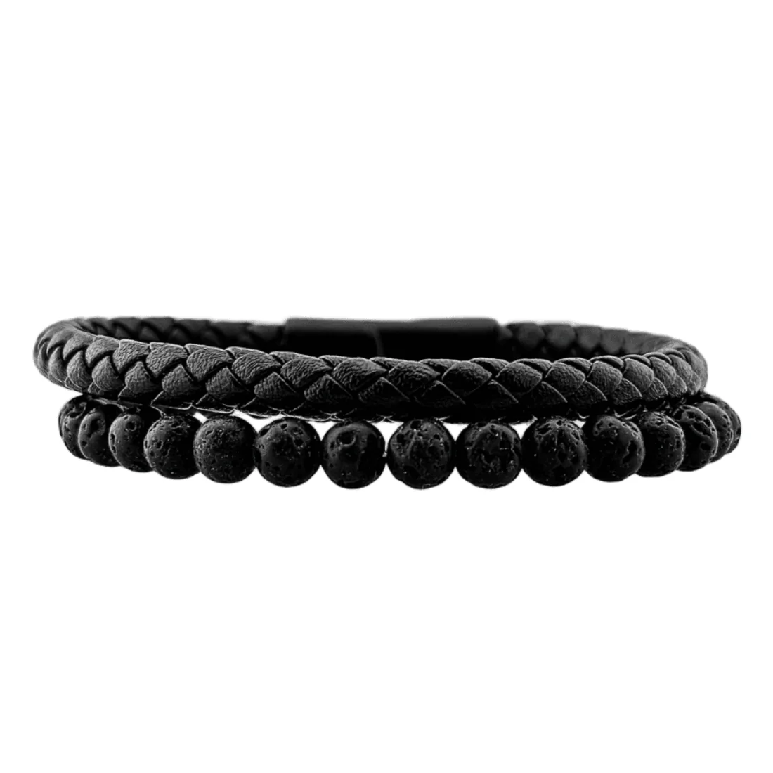 Браслет Lava Leather Black з каменю вулканічної лави та чорної плетеної шкіри