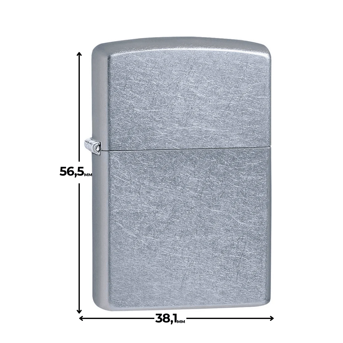 Схема розмірів запальнички Zippo 207: висота 56,5 мм, ширина 38,1 мм
