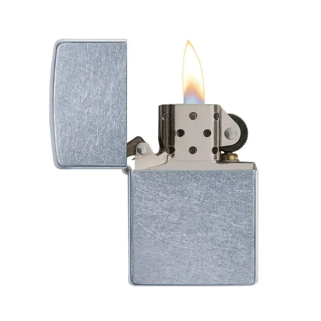 Класична металева запальничка Zippo з полум’ям — відкрита, готова до використання, ідеальна для гравіювання