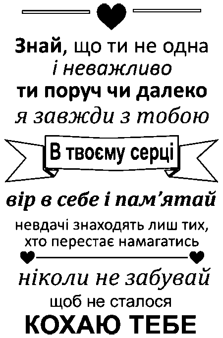"Знай, що ти не одна і неважливо ти поруч чи далеко я завжди з тобою. В твоєу серці. Вір в себе і пам'ятай невдачі знаходять лиш тих, хто перестає намагатись. Ніколи не забувай, щоб не сталося КОХАЮ ТЕБЕ"
