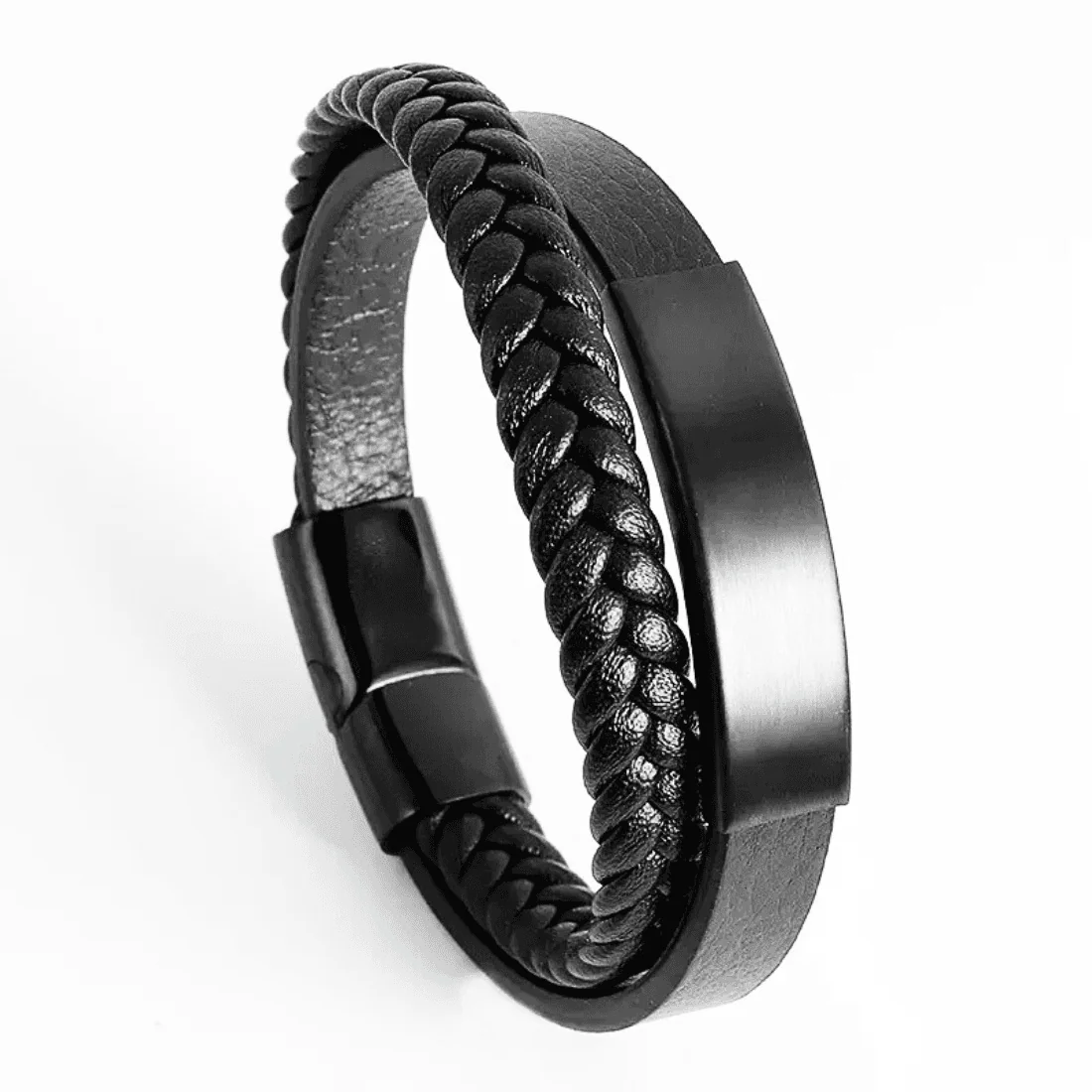 Чоловічий браслет Black з екошкіри та чорної сталі — вигляд під кутом
