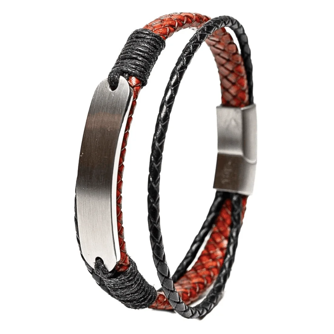 Браслет Steel Weave brown — вертикальний ракурс, сталева пластина та плетений ремінець